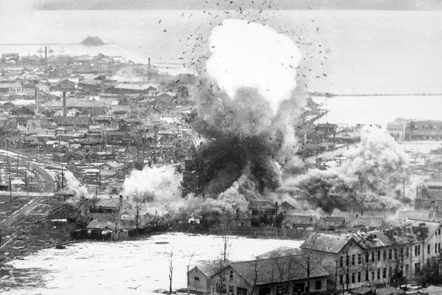 B-26 Invaders bomb logistics depots in Wonsan, North Korea, 1951. (National Museum of the United States Air Force) Korean War Wonsan Bombing